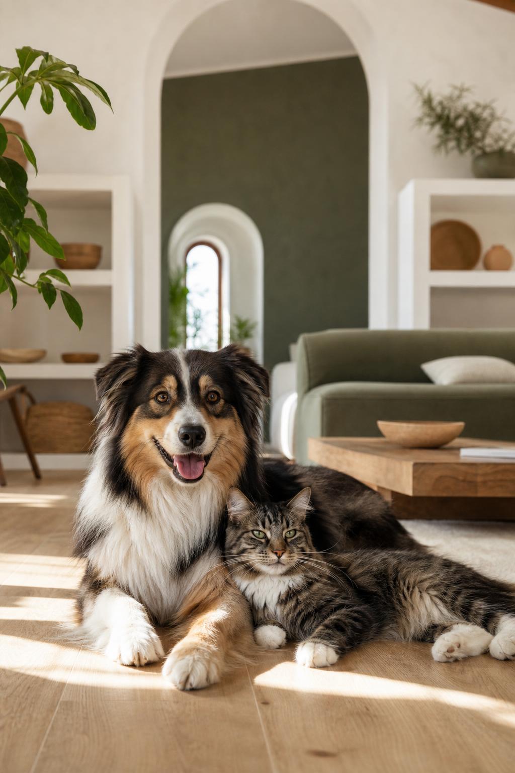 Perro y gato descansando en casa