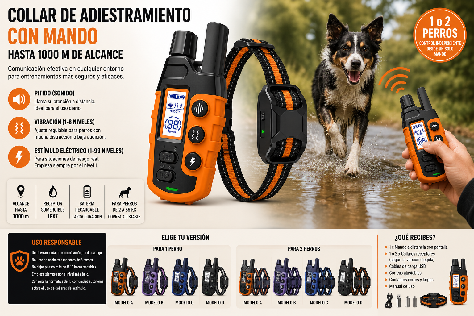 Collar de Adiestramiento KIVON para Perros — Hasta 1000 m de Alcance
