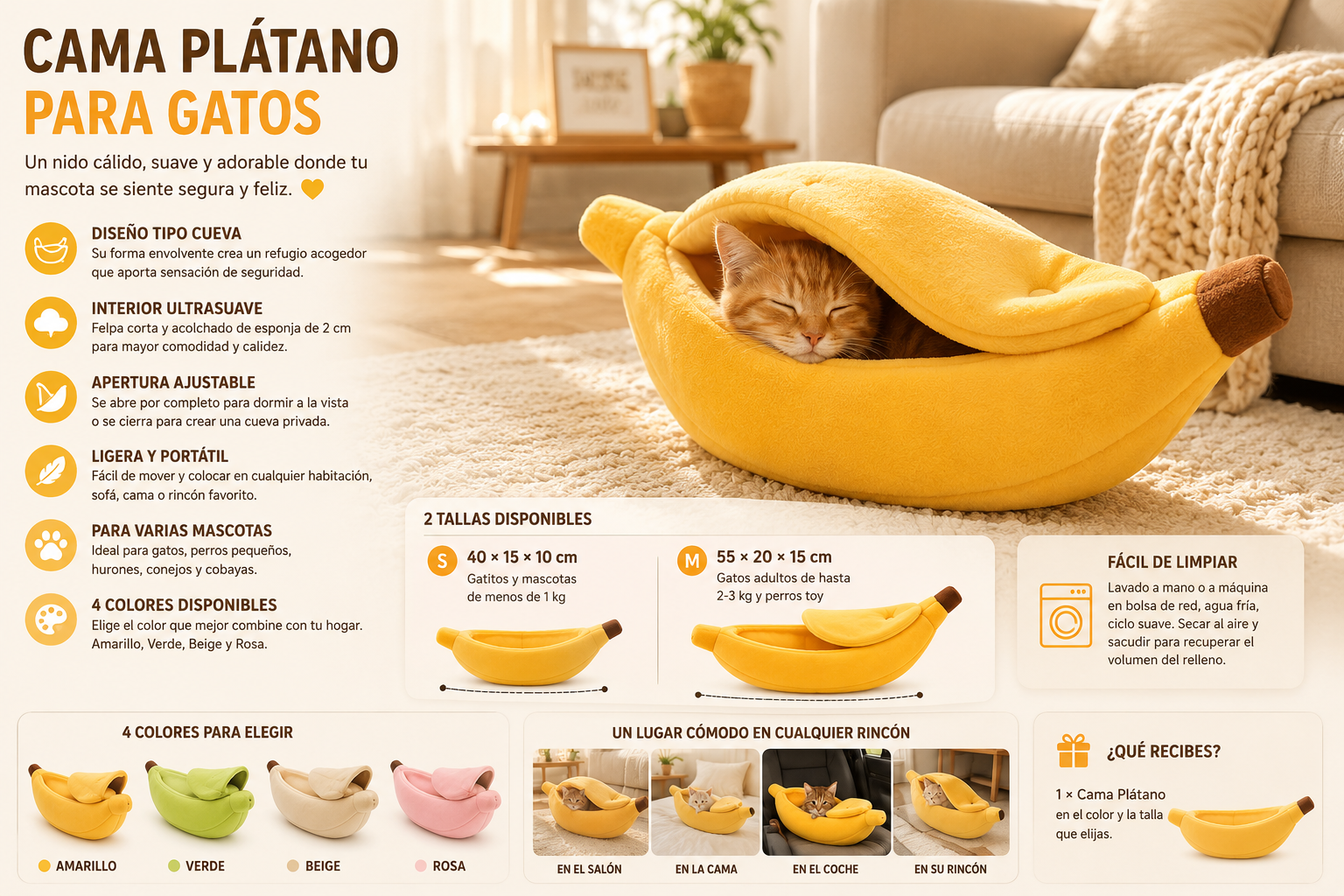 Cama Plátano KIVON para Gatos y Mascotas Pequeñas