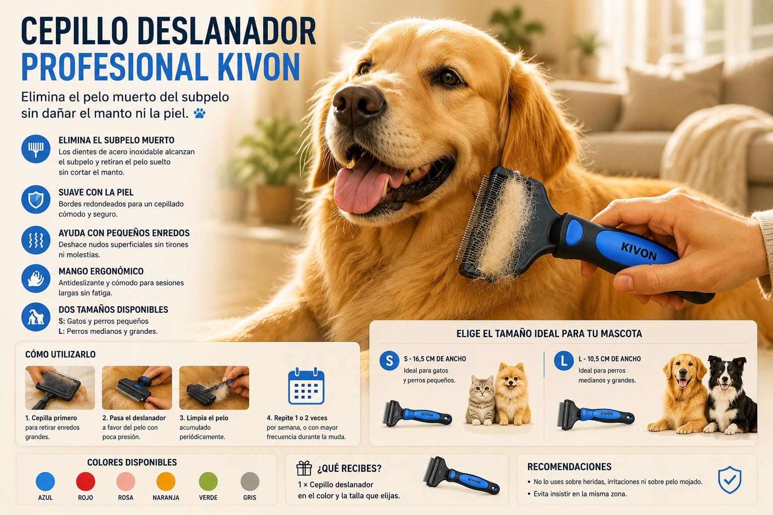 Cepillo Deslanador Profesional KIVON para Perros y Gatos