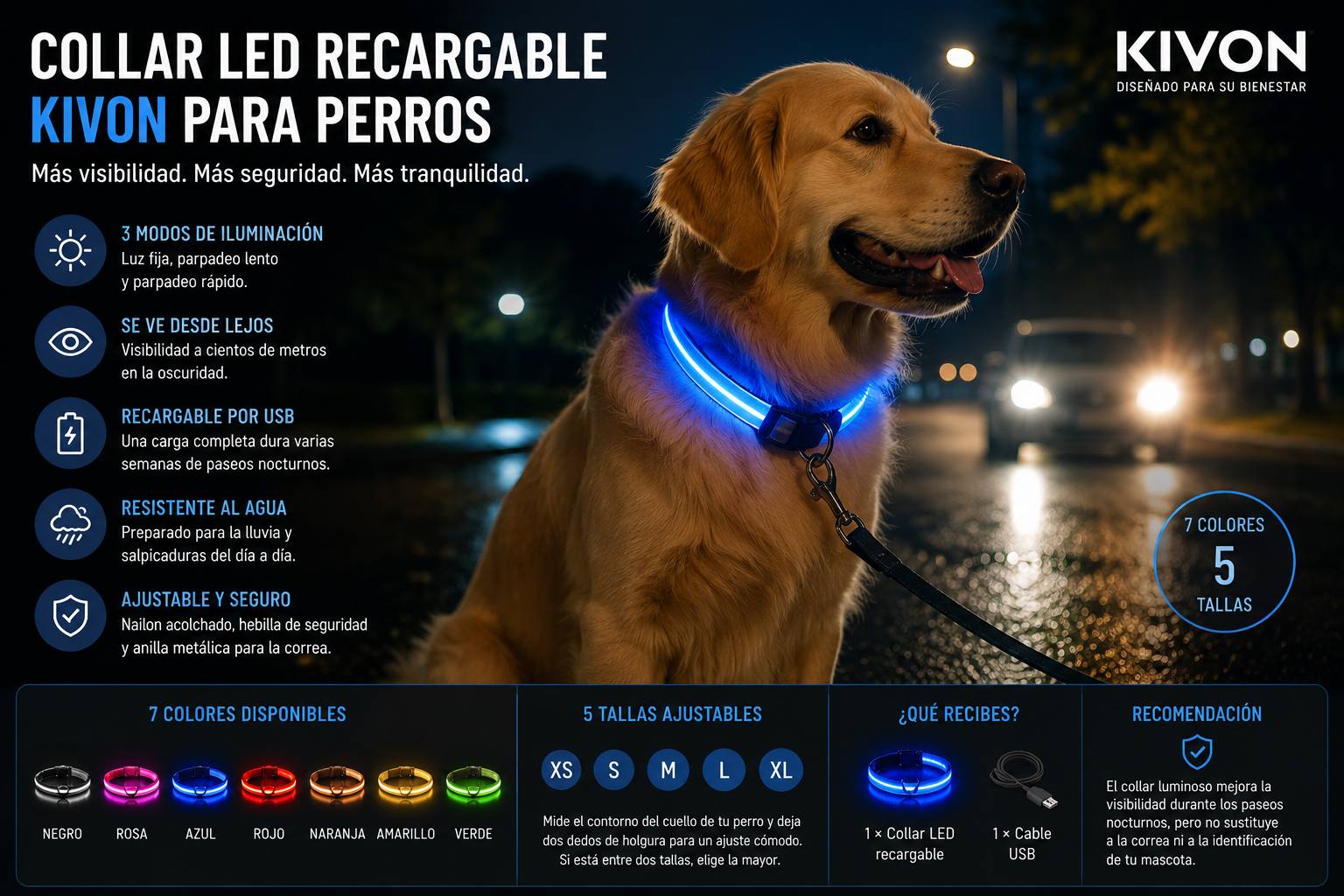 Collar LED Recargable KIVON para Perros